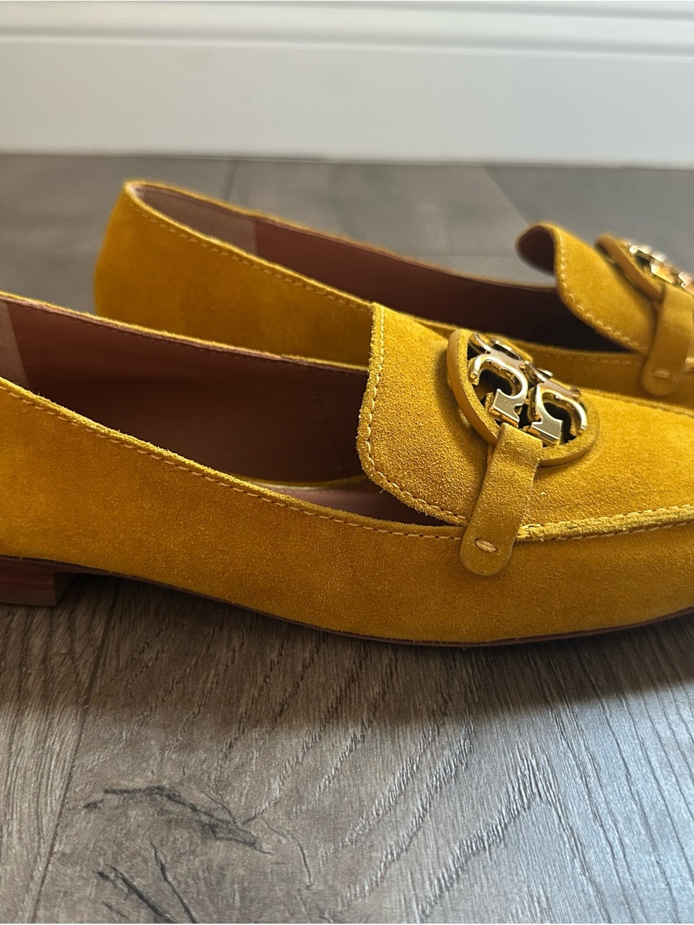 Tory Burch Women’s Mustard Yellow Soft Suede Logo Loafers - Picture 3 of 15